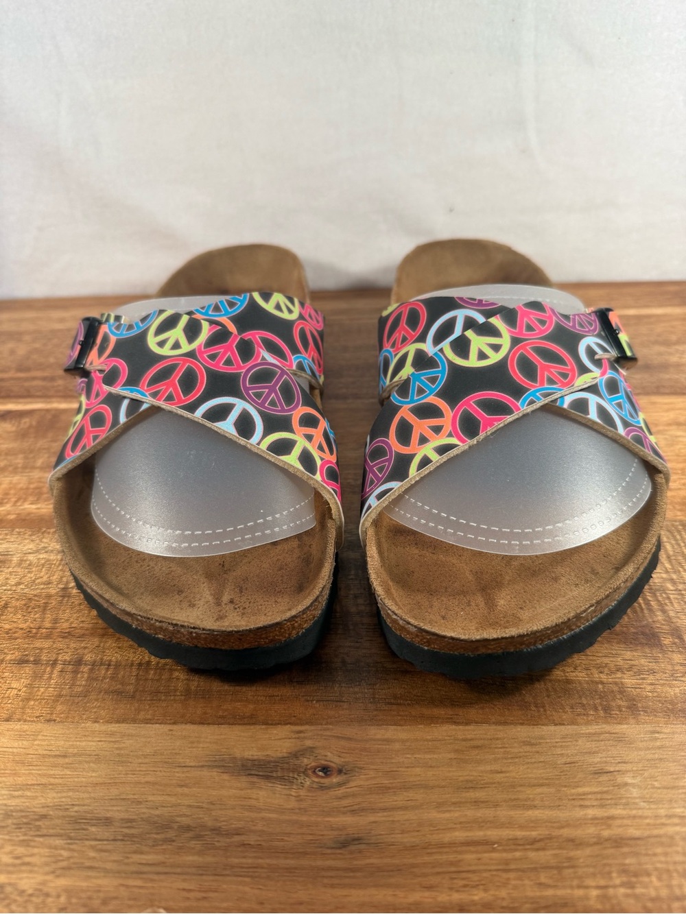 Birkenstock Birki's Like New Peace Sign Sandals, Black/Colorful Peace Signs Sz 9